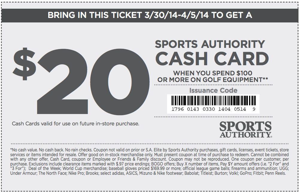 Sports Authority: $20 Cash Card Printable Coupon