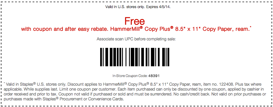 Staples: Free Copy Paper Printable Coupon
