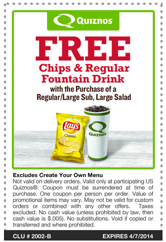 Quiznos: Free Chips & Drink Printable Coupon