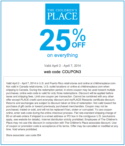 The Children's Place: 25% off Printable Coupon