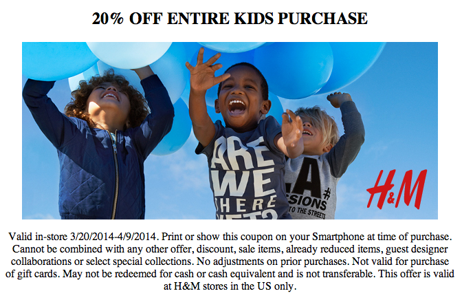 H&M: 20% off Kids Printable Coupon