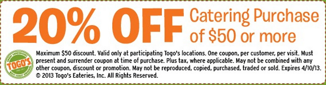TOGO's Promo Coupon Codes and Printable Coupons