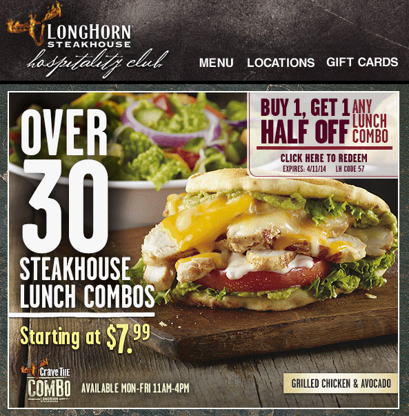 Longhorn Steakhouse: BOGO 50% off Combo Printable Coupon