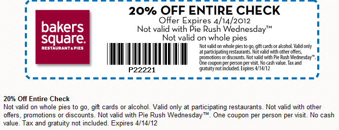 Bakers Square: 20% off Printable Coupon
