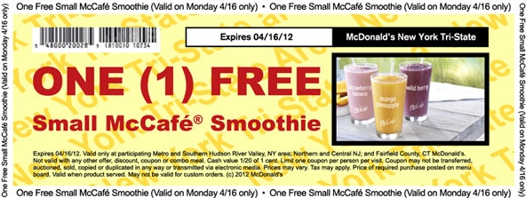 Free Small McCafe Smoothie, Tri-state Area McDonald&#8217;s Printable Coupon