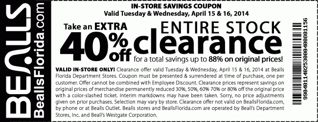 Bealls Department Store: 40% off Clearancfe Printable Coupon