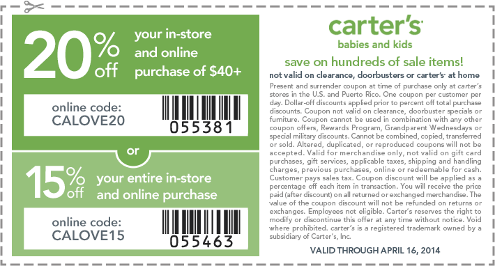 Carter's: 15%-20% off Printable Coupon