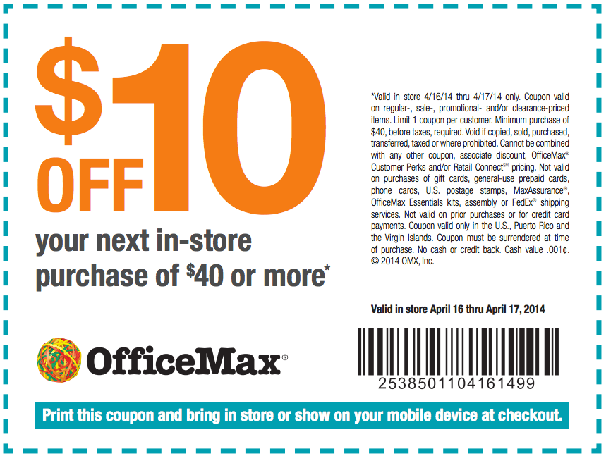 OfficeMax: $10 off $40 Printable Coupon