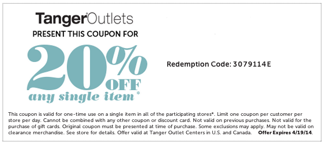 Tanger Outlets: 20% off Item Printable Coupon