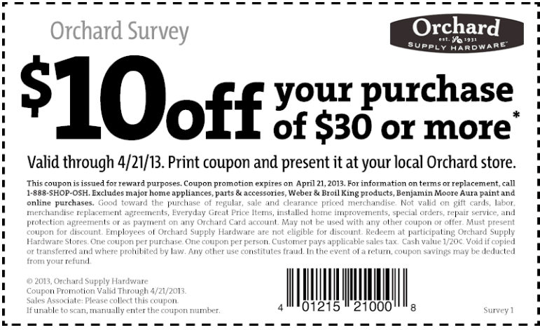 Orchard Supply Hardware: $10 off $30 Printable Coupon