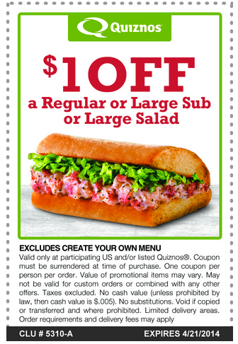 Quiznos Promo Coupon Codes and Printable Coupons