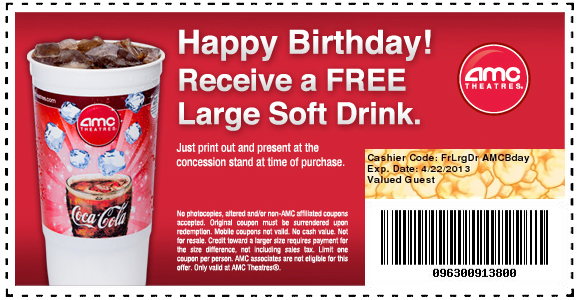 AMC Theaters: Free Soft Drink Printable Coupon