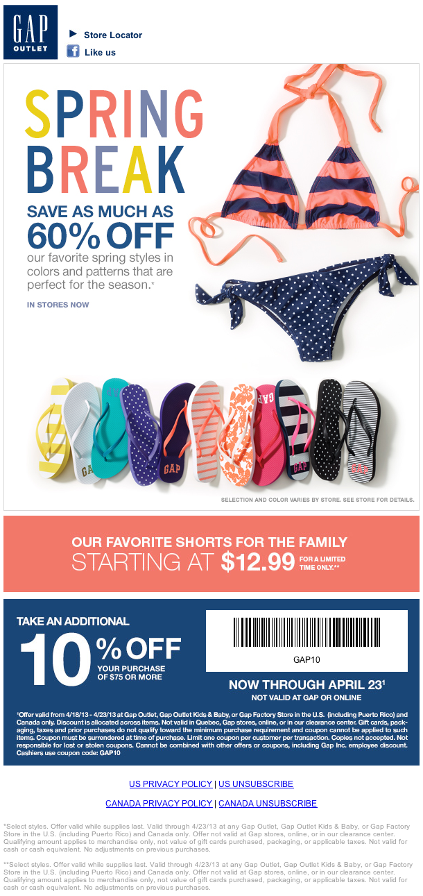 Gap Outlet : 10% off $75 Printable Coupon