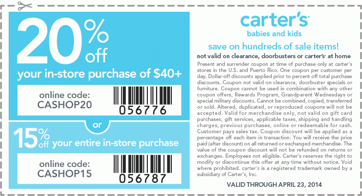 Carter's: 15%-20% off Printable Coupon