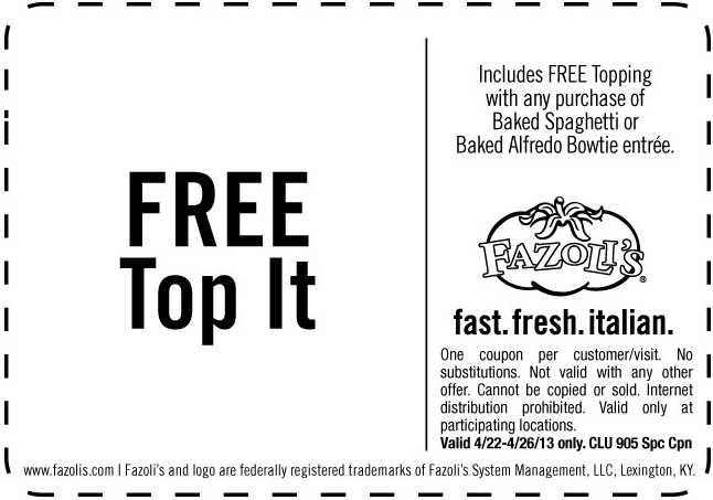 Fazolis: Free Top It Printable Coupon