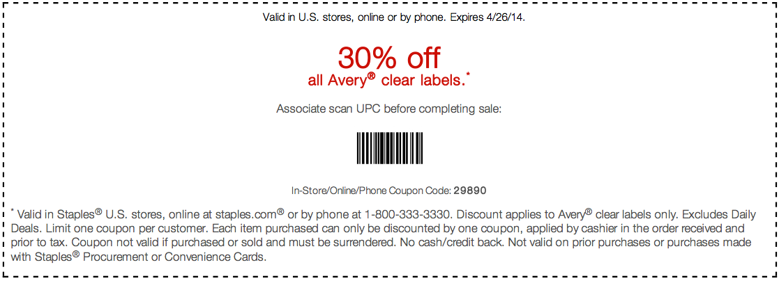 Staples: 30% off Avery Labels Printable Coupon