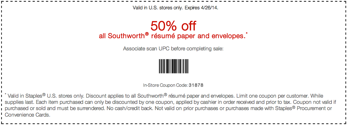 Staples: 50% off Resume Paper Printable Coupon