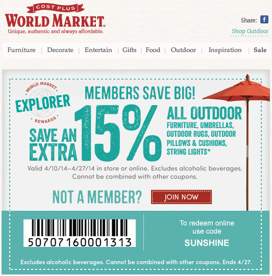 World Market: 15% off Outdoor Printable Coupon