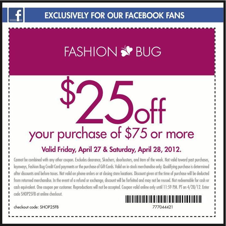 Fashion Bug: $25 off $75 Printable Coupon