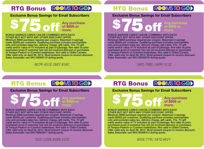 Rooms To Go: $75 off $999 Printable Coupon