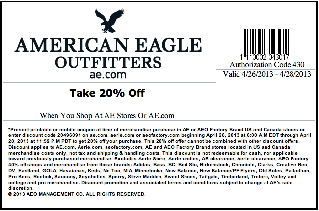 American Eagle Outfitters: 20% off Printable Coupon