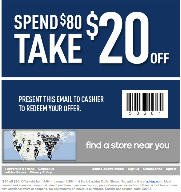 Adidas Outlet: $20 off $80 Printable Coupon