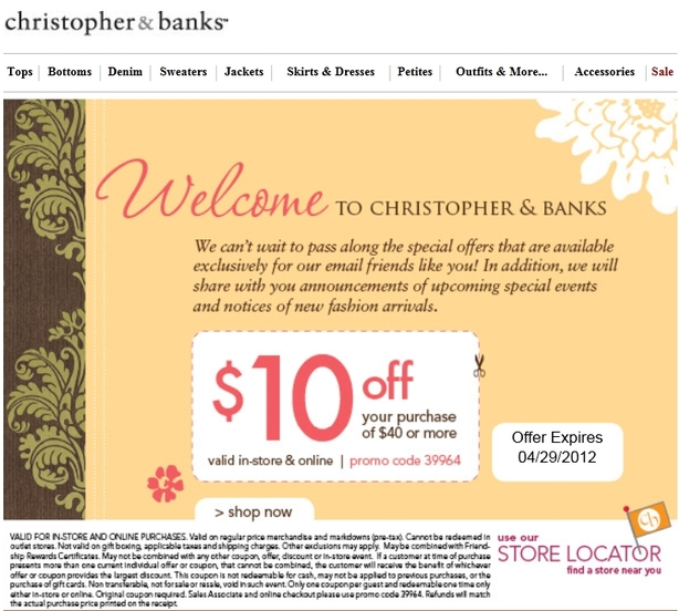 Christopher & Banks: $10 off $40 Printable Coupon