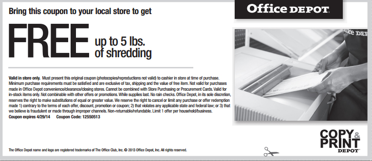 Office Depot: Free Shredding Printable Coupon