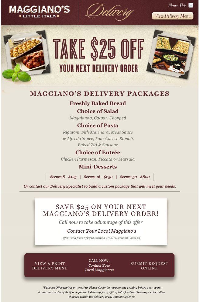 Maggianos: $25 off Printable Coupon