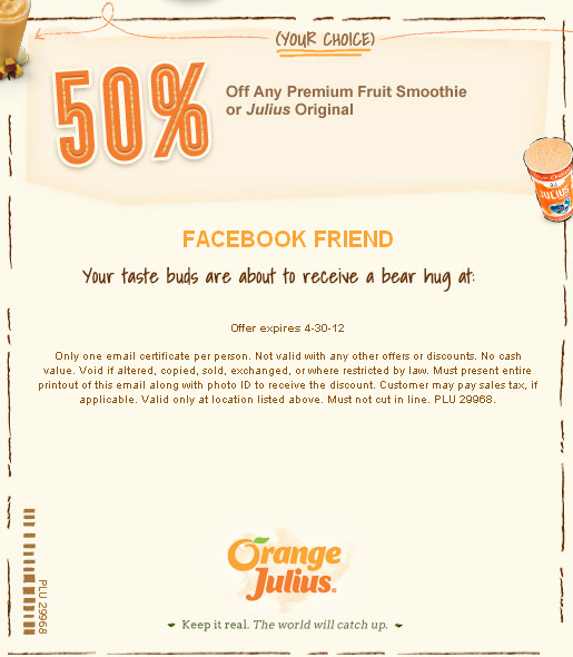 Orange Julius: 50% off Smoothie Printable Coupon