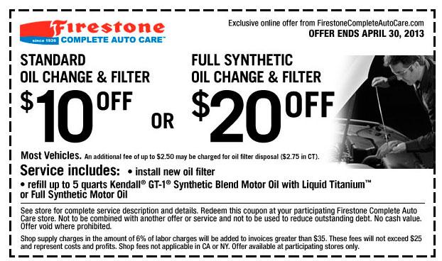 Firestone: $10-$20 off Oil Change Printable Coupon