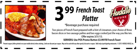 Huddle House: $3.99 French Toast Printable Coupon