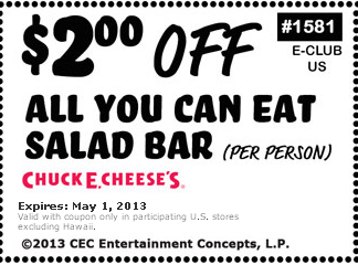 Chuck E Cheese: $2 off AYCE Salad Bar Printable Coupon