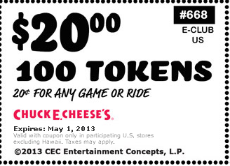 Chuck E Cheese: $20 for 100 Tokens Printable Coupon