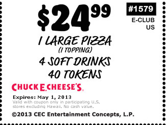 Chuck E Cheese: $24.99 Meal Printable Coupon
