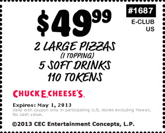 Chuck E Cheese: $49.99 Meal Printable Coupon