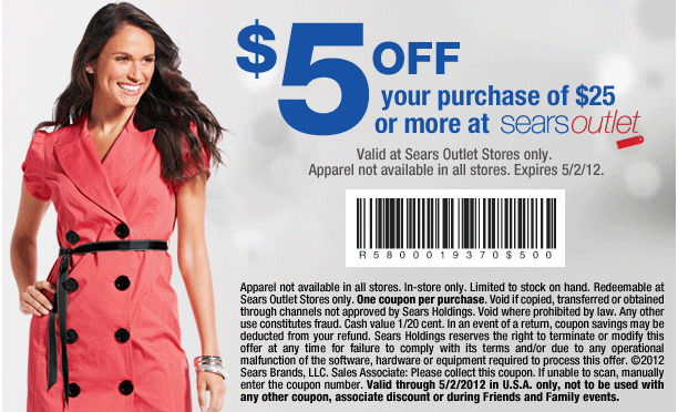 Sears Outlet: $5 off $25 Printable Coupon