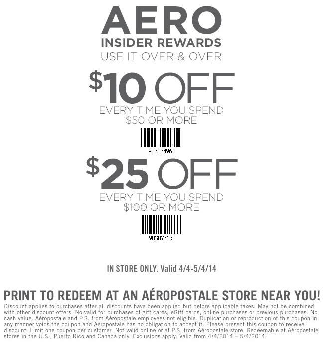 Aeropostale: $10-$25 off Printable Coupon