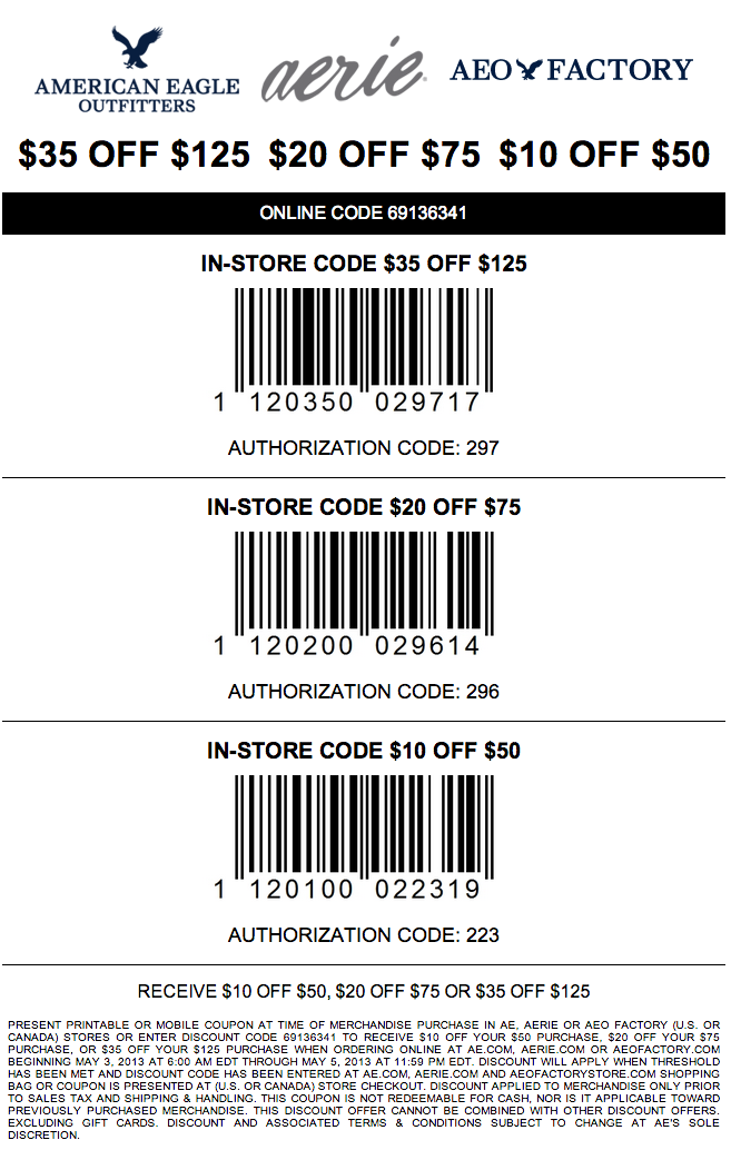 American Eagle Outfitters: $10-$35 off Printable Coupon