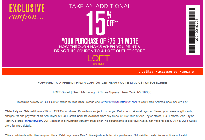 LOFT Outlet: 15% off $75 Printable Coupon