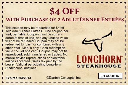 Longhorn Steakhouse: $4 off Printable Coupon