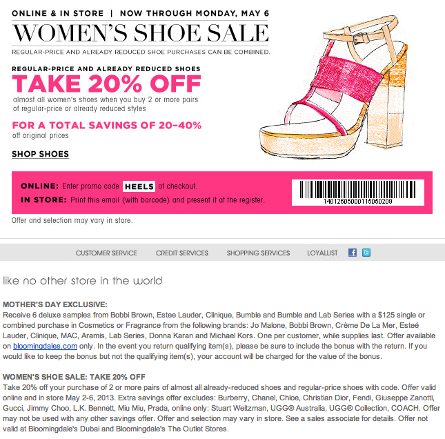 Bloomingdale's: 20% off Shoes Printable Coupon