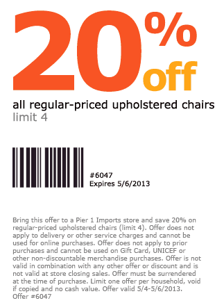 Pier 1 Imports: 20% off Upholstered Chairs Printable Coupon