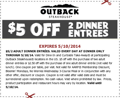 Outback Steakhouse: $5 off Dinners Printable Coupon