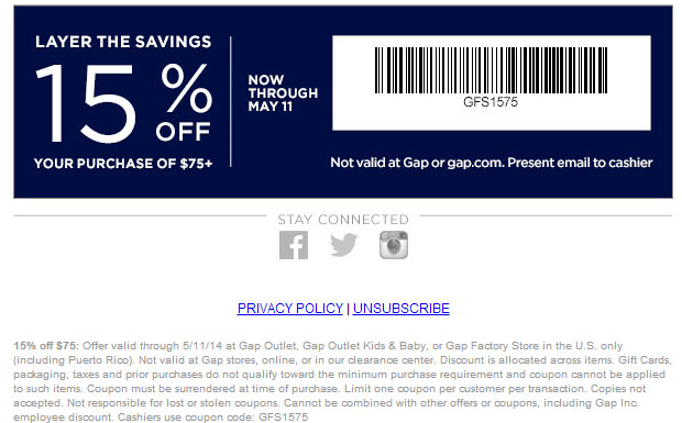Gap Outlet: 15% off $75 Printable Coupon