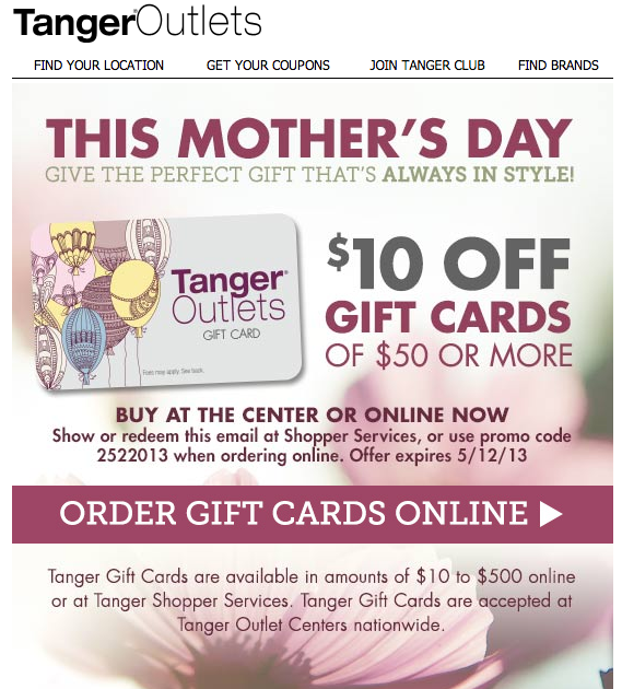 Tanger Outlets: $10 off $50 Gift Card Printable Coupon
