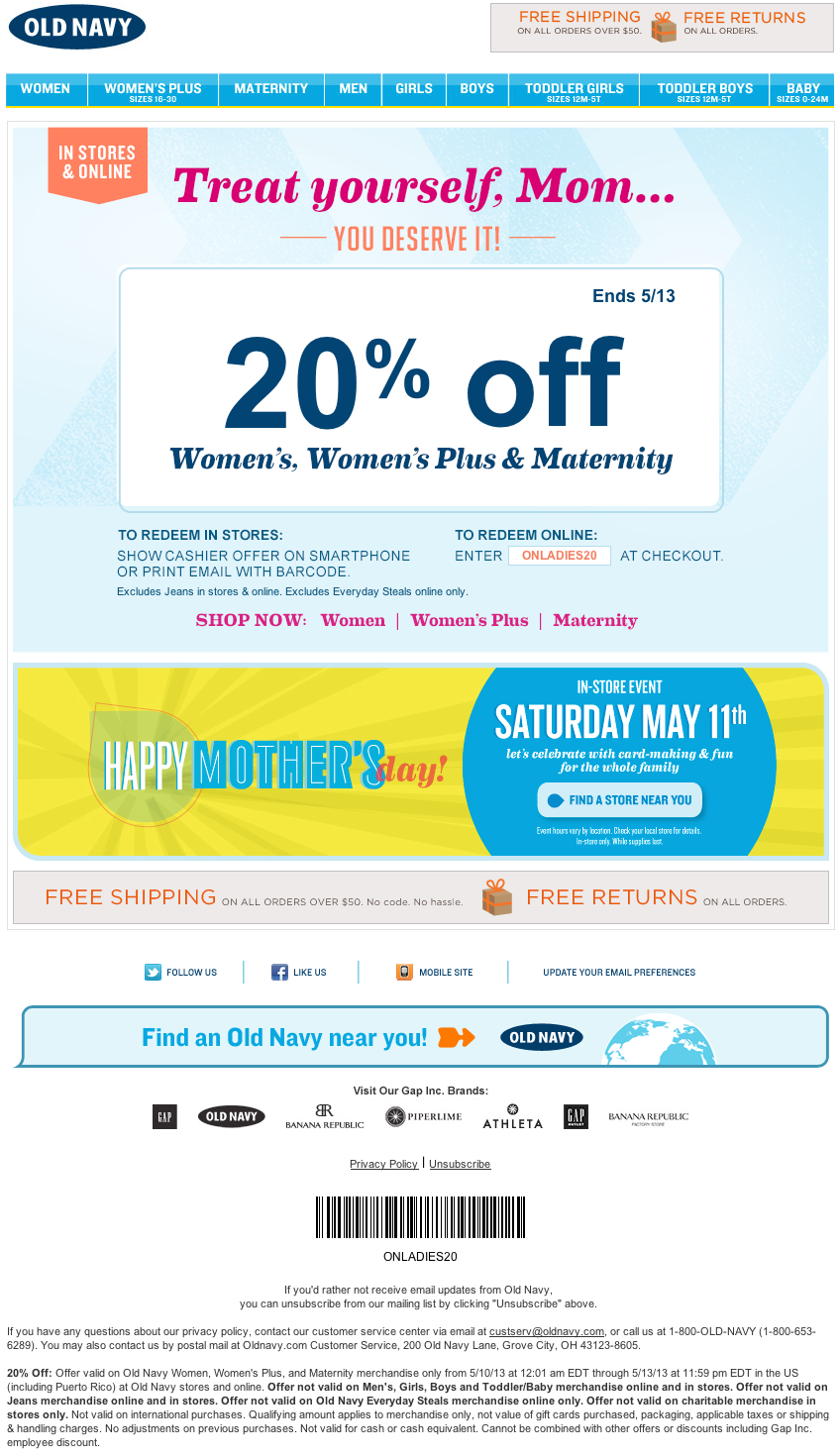 Old Navy: 20% off Women's Printable Coupon