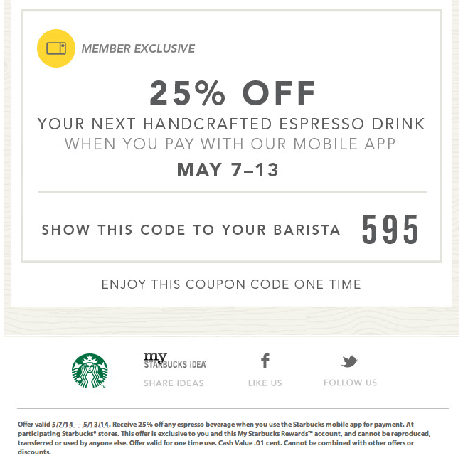 Starbucks: 25% off Espresso Printable Coupon