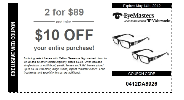 EyeMasters: $10 off Printable Coupon