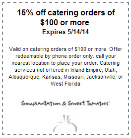 Souplantation & Sweet Tomatoes: 15% off Catering Printable Coupon